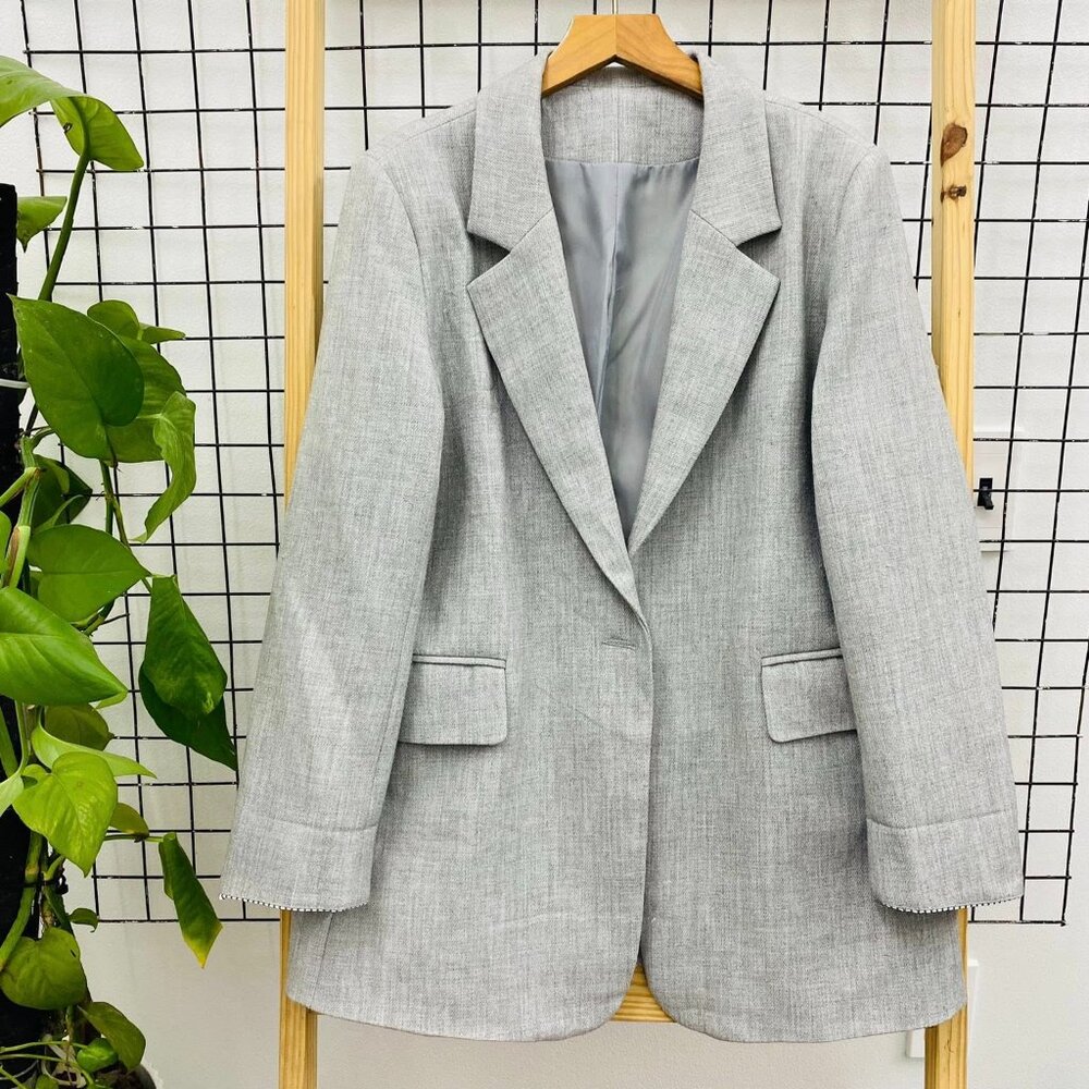 Light Gray Oversized Blazer Linen Blend Notch Lapel Jacket Chic